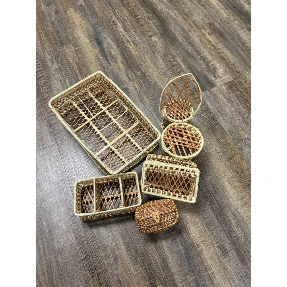 Vintage Wicker Rattan Miniature Furniture Basket Set 6pc Boho Peacock Chair Tray